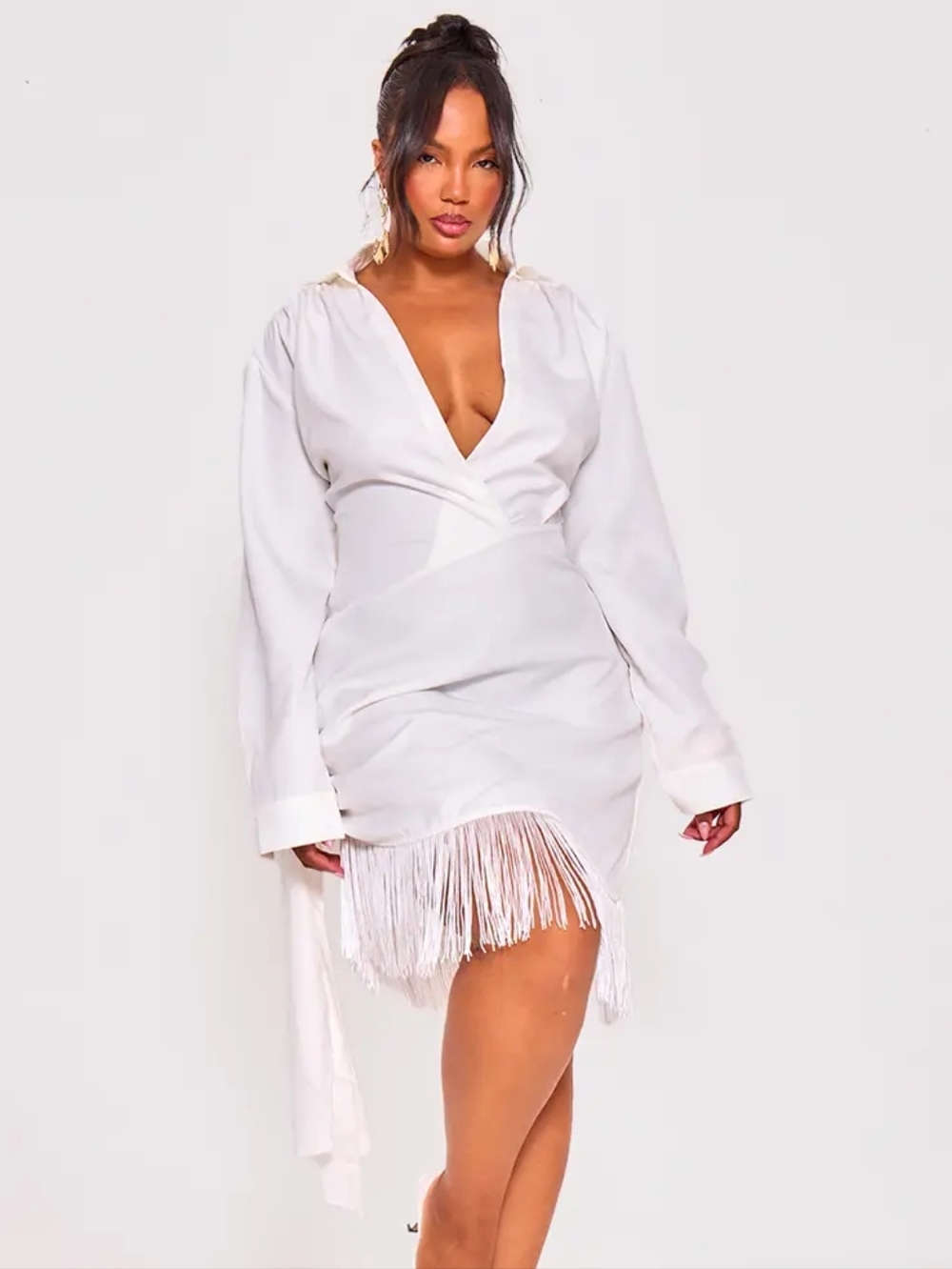 PrettyLittleThing White Tassle Hem Drape Long Sleeve Dress